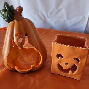 Set of 2 Halloween Ceramic Pumpkin Votive Tea Light Candle Holders